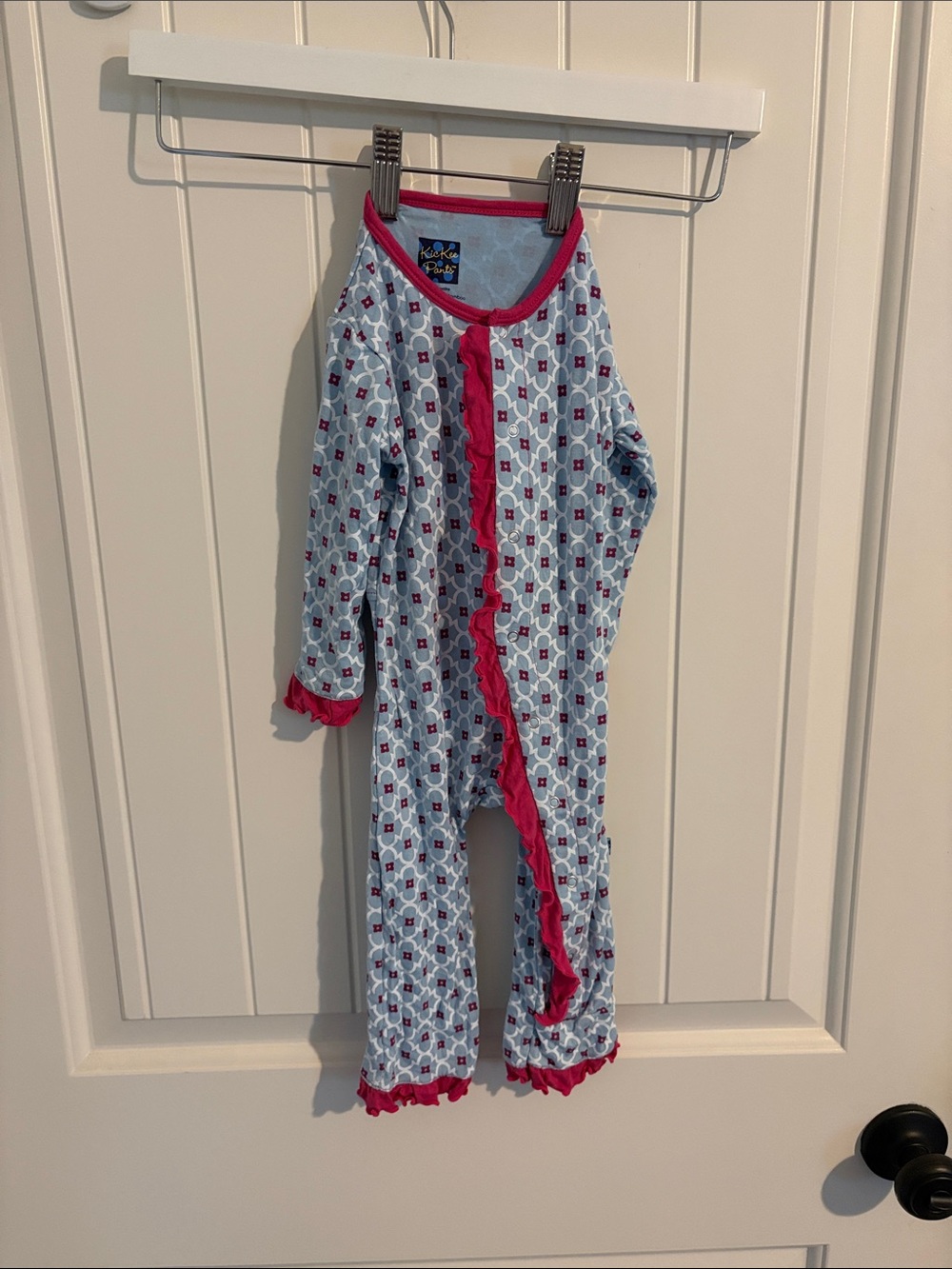 Kickee Pants Light Blue and Pink Ruffle Front-Button Pajama One-Piece